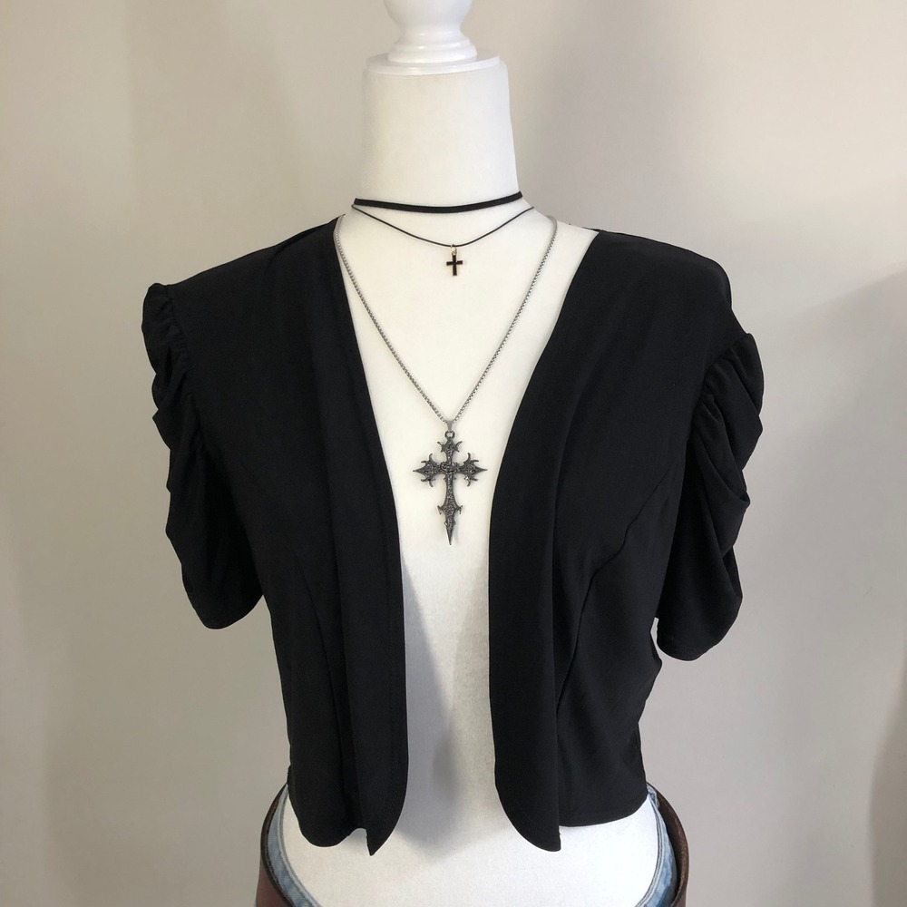 Vintage Y2K Marina Black Ruched Sleeve Cropped Bolero Shrug Jacket Womens S